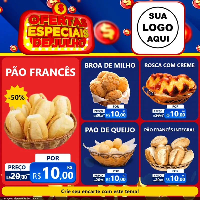 Modelo de Rede Social para Feed Facebook com o tema Ofertas Especiais de Julho para Padaria