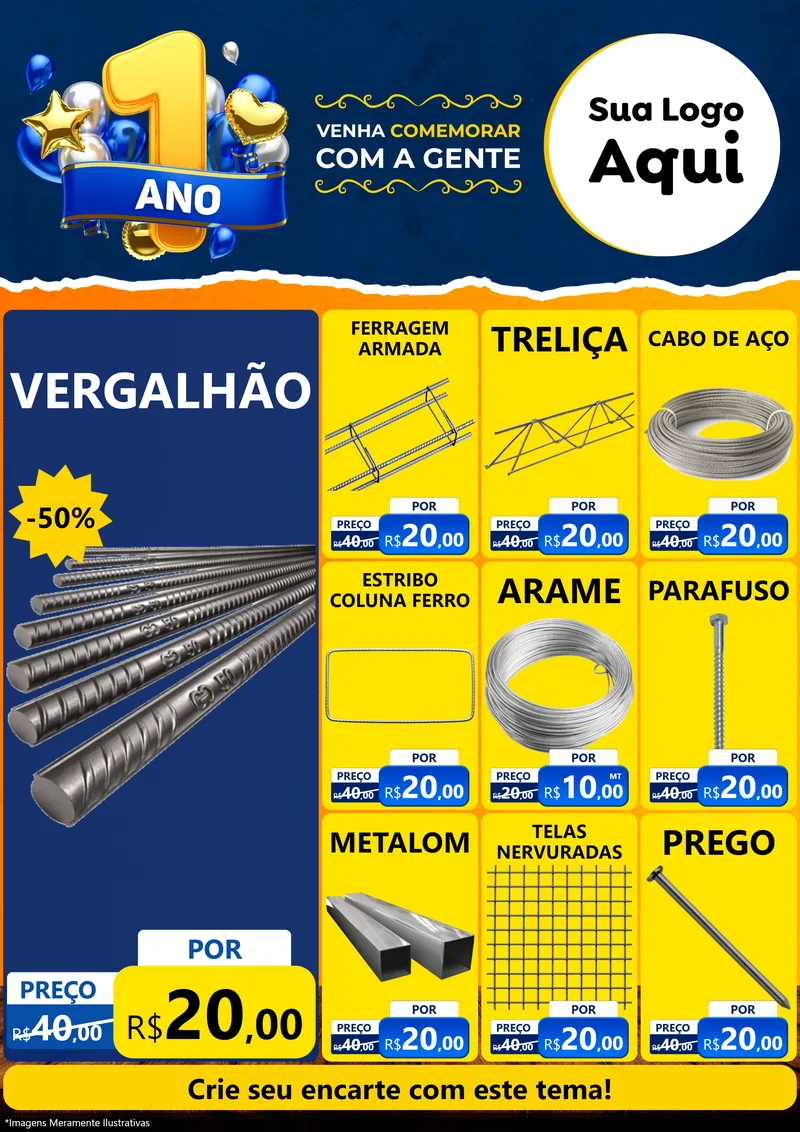 Modelo de Encarte para Encarte A4 Vertical com o tema Um Ano de Aniversário para Ferragens