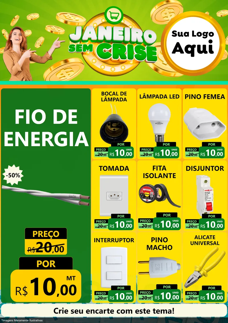 Modelo de Encarte para Encarte A4 Vertical com o tema Janeiro Sem Crise para Materiais Elétricos