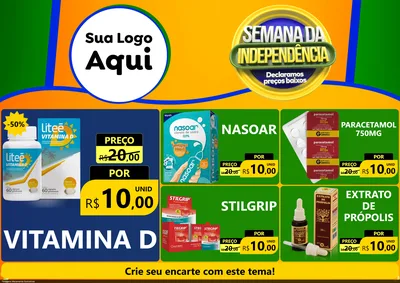 Modelo de Encarte para Encarte A4 Horizontal com o tema Semana da Independência Declaramos Preços Baixos para Farmácia