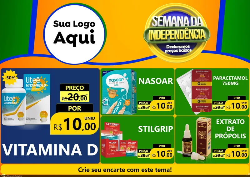 Modelo de Encarte para Encarte A4 Horizontal com o tema Semana da Independência Declaramos Preços Baixos para Farmácia