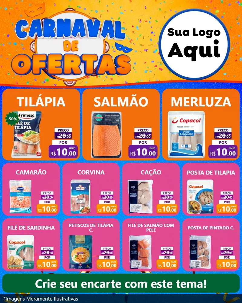 Modelo de Rede Social para Feed Instagram com o tema Carnaval de Ofertas para Peixaria