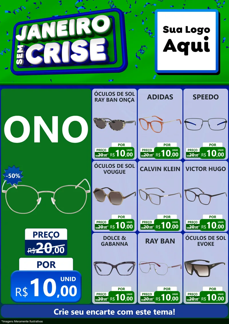 Modelo de Encarte para Encarte A4 Vertical com o tema Janeiro Sem Crise para Óticas