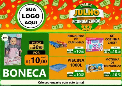 Modelo de Encarte para Encarte A4 Horizontal com o tema Comece Julho Economizando para Brinquedos