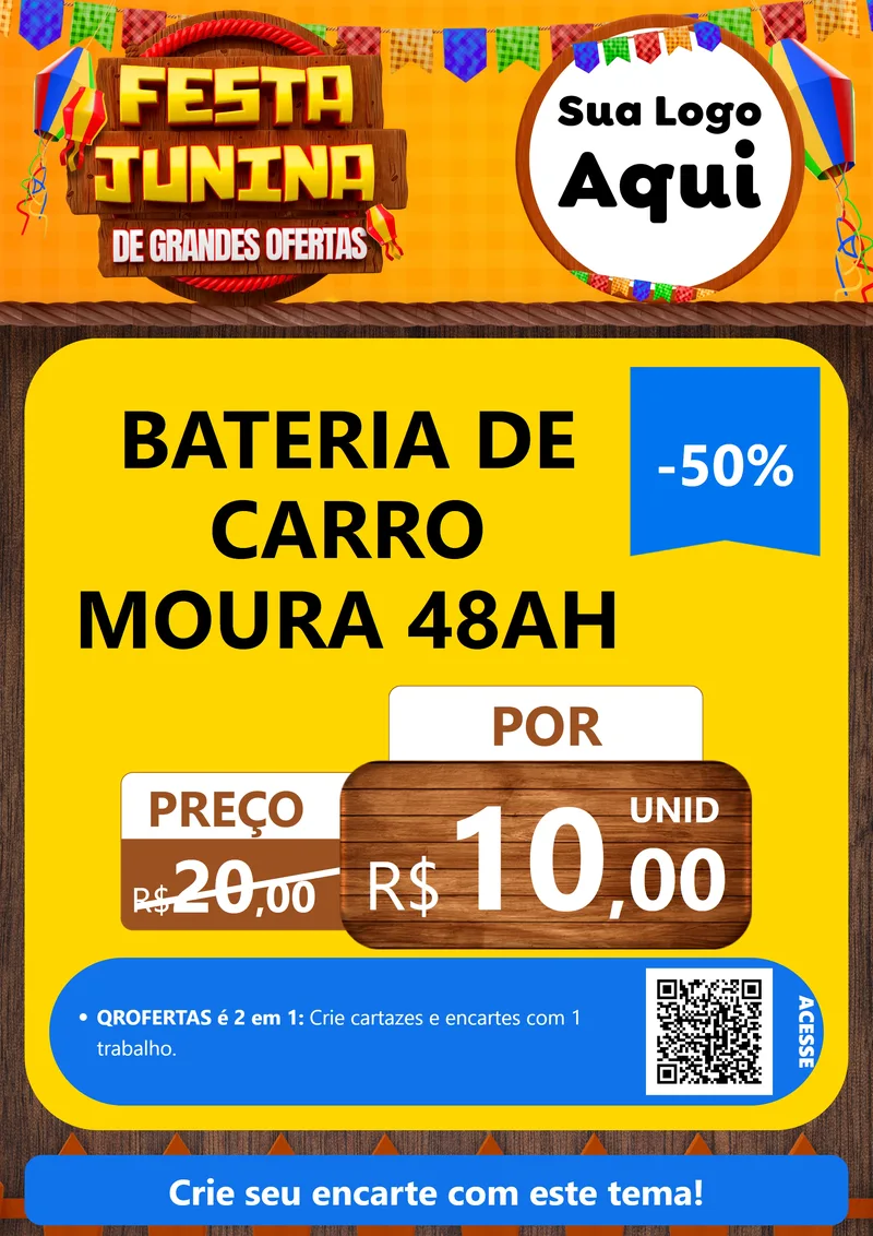 Modelo de Cartaz para Cartaz A4 Vertical com o tema Festa Junina de Grandes Ofertas para Baterias Elétricas