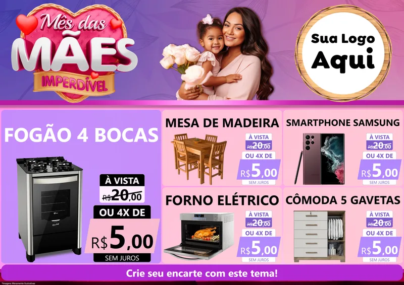 Modelo de Encarte para Encarte A4 Horizontal com o tema Mês das Mães Imperdível para Móveis e Eletro