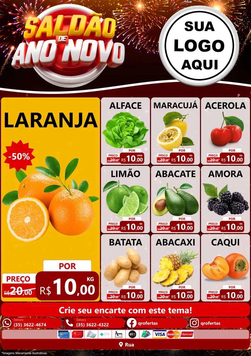 Modelo de Encarte para Encarte A4 Vertical com o tema Saldão de Ano Novo para Hortifrúti