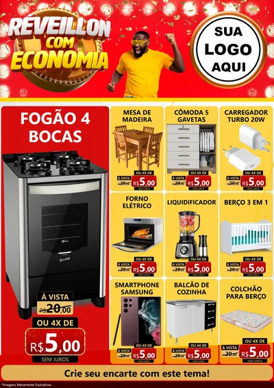 Modelo de Encarte para Encarte A4 Vertical com o tema Réveillon com Economia para Móveis e Eletro