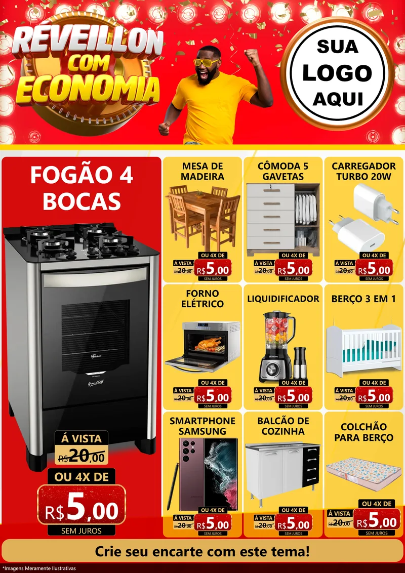 Modelo de Encarte para Encarte A4 Vertical com o tema Réveillon com Economia para Móveis e Eletro