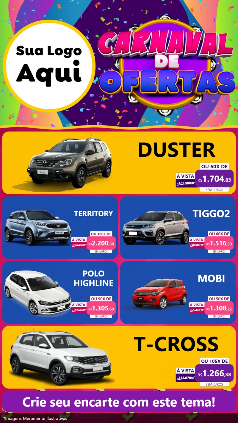 Modelo de TV para TV Vertical com o tema Carnaval de Ofertas para Concessionaria de Carros