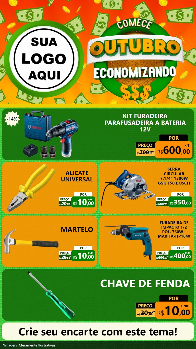 Modelo de TV para TV Vertical com o tema Comece Outubro Economizando para Maquinas e Ferramentas