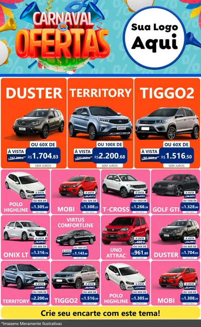 Modelo de Encarte para Encarte Grande com o tema Carnaval de Ofertas para Concessionaria de Carros