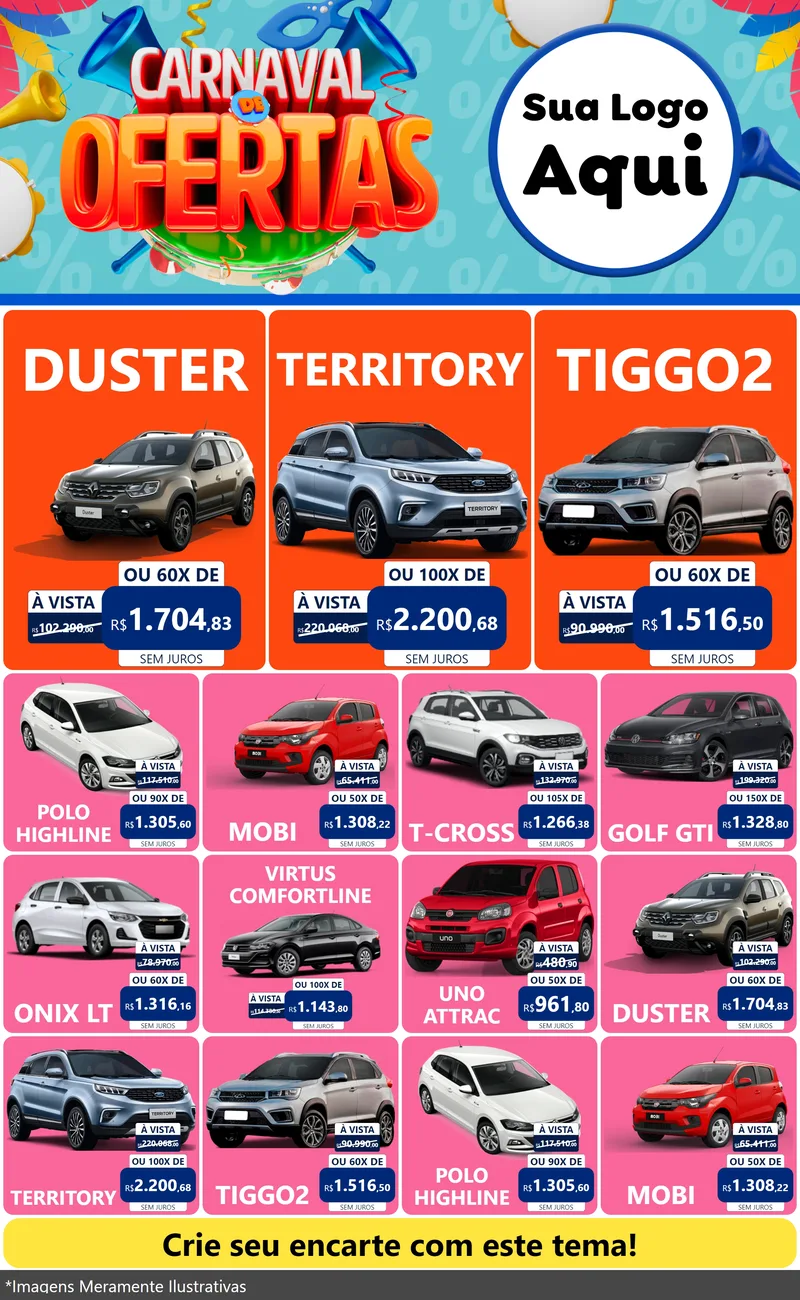 Modelo de Encarte para Encarte Grande com o tema Carnaval de Ofertas para Concessionaria de Carros
