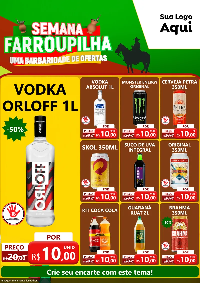 Modelo de Encarte para Encarte A4 Vertical com o tema Semana Farroupilha - Uma Barbaridade de Ofertas para Distribuidora de bebidas