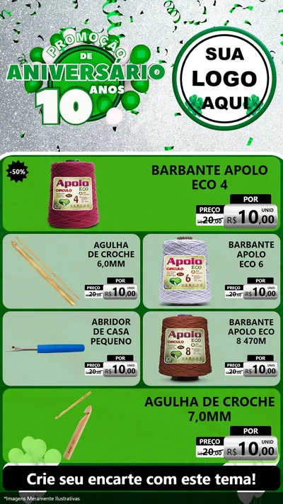 Modelo de TV para TV Vertical com o tema Promoção de Aniversário - 10 Anos para Armarinho e Aviamentos