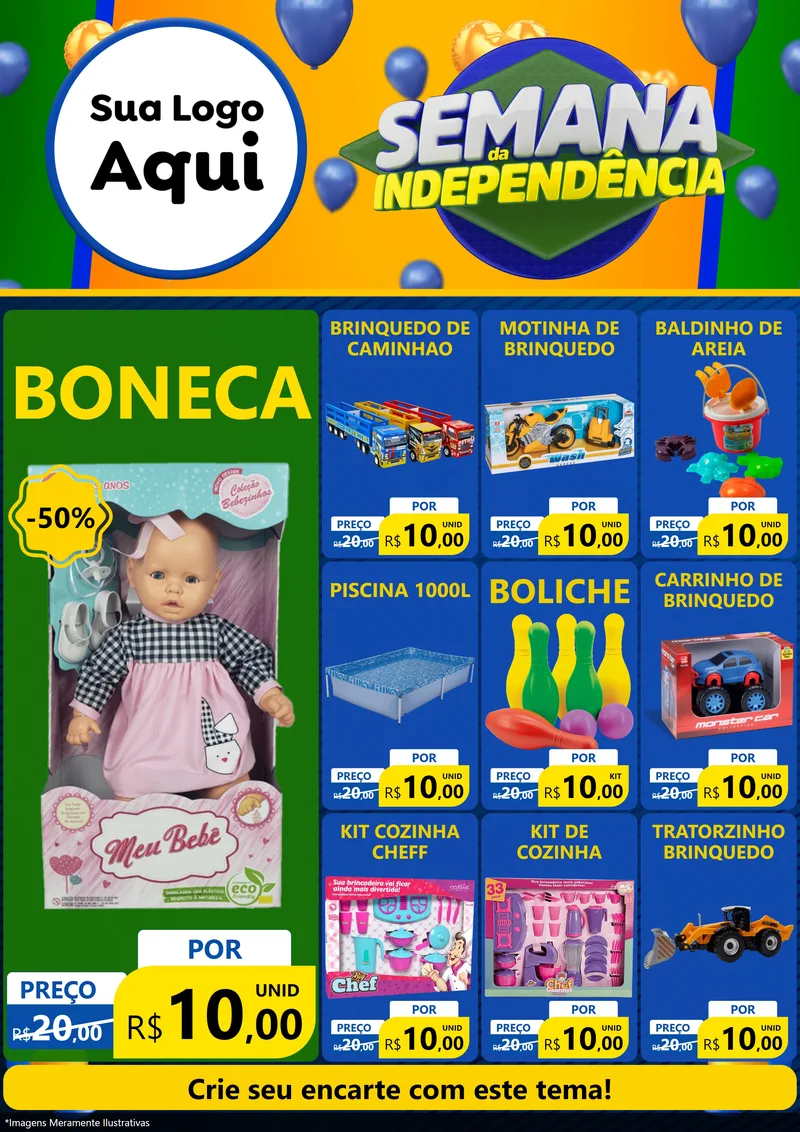 Modelo de Encarte para Encarte A4 Vertical com o tema Semana da Independência para Brinquedos