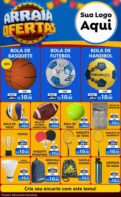 Modelo de Encarte para Encarte Grande com o tema Arraiá de Ofertas - Junina para Artigos Esportivos