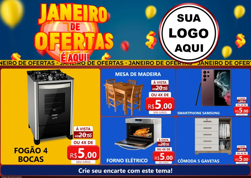 Modelo de Encarte para Encarte A4 Horizontal com o tema Janeiro de Ofertas É Aqui! para Móveis e Eletro