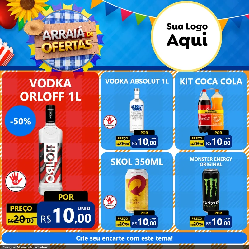 Modelo de Rede Social para Feed Facebook com o tema Arraiá de Ofertas para Distribuidora de bebidas