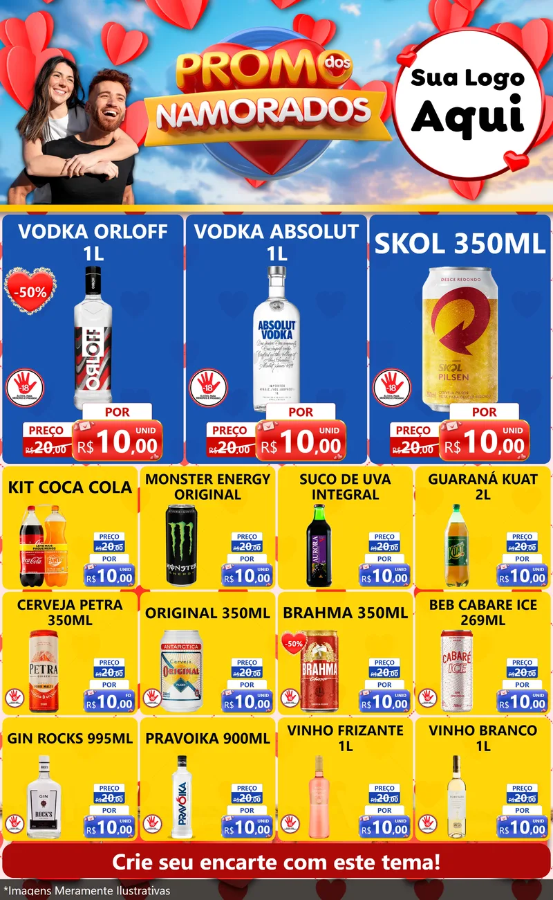 Modelo de Encarte para Encarte Grande com o tema Promo dos Namorados para Distribuidora de bebidas