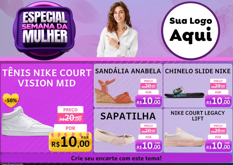 Modelo de Encarte para Encarte A4 Horizontal com o tema Especial Semana da Mulher para Calçados