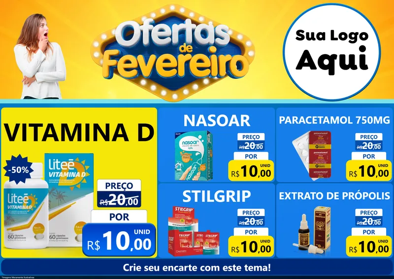 Modelo de Encarte para Encarte A4 Horizontal com o tema Ofertas de Fevereiro para Farmácia