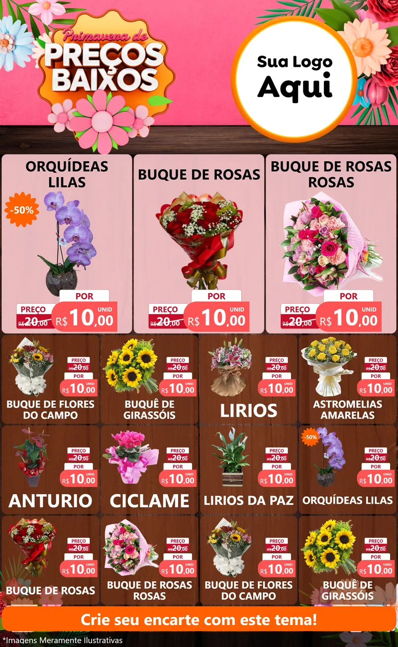 Modelo de Encarte para Encarte Grande com o tema Primavera de Preços Baixos para Floricultura e jardim