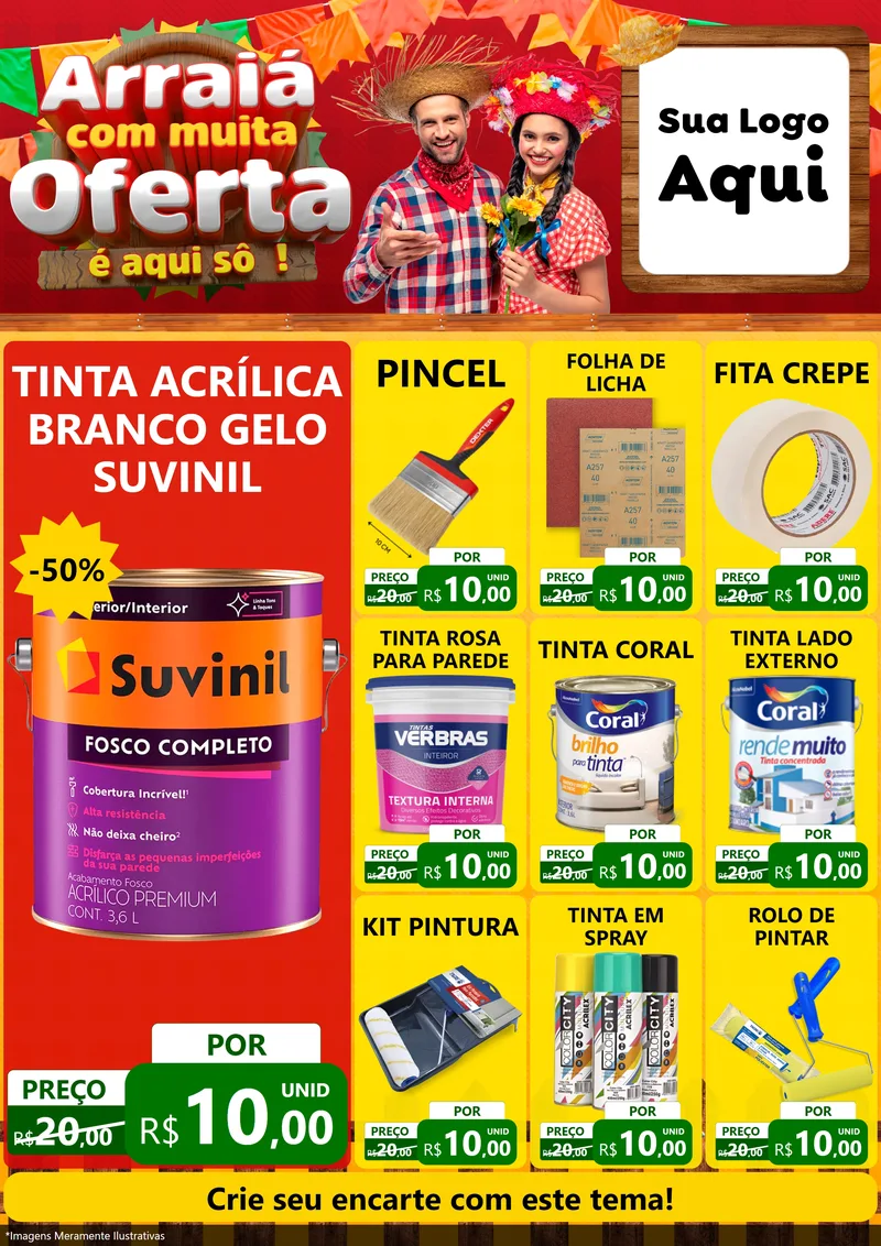 Modelo de Encarte para Encarte A4 Vertical com o tema Arraiá Com Muita Oferta - É Aqui Sô! para Tintas e Ferramentas
