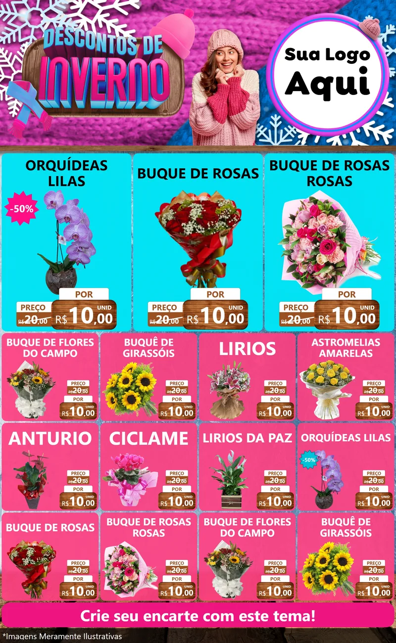 Modelo de Encarte para Encarte Grande com o tema Descontos de Inverno para Floricultura e jardim