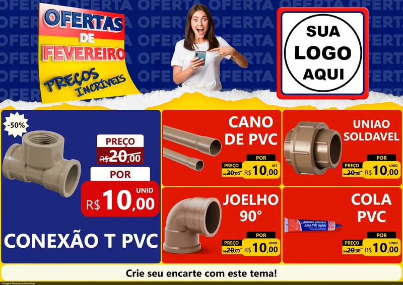 Modelo de Encarte para Encarte A4 Horizontal com o tema Ofertas de Fevereiro - Preços Incríveis para Tubos e conexões