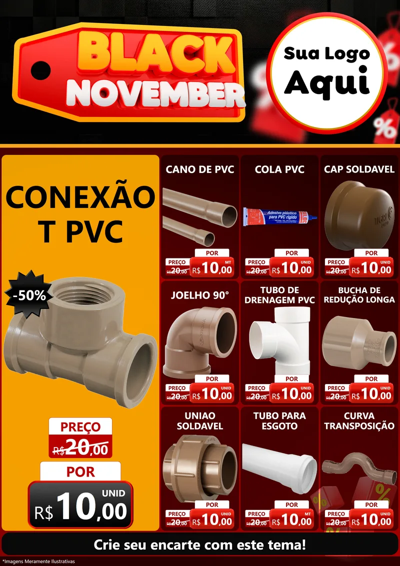 Modelo de Encarte para Encarte A4 Vertical com o tema Black November para Tubos e conexões