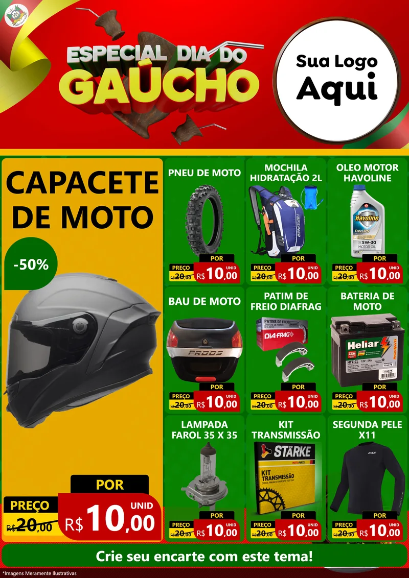 Modelo de Encarte para Encarte A4 Vertical com o tema Especial Dia do Gaúcho para Moto peças