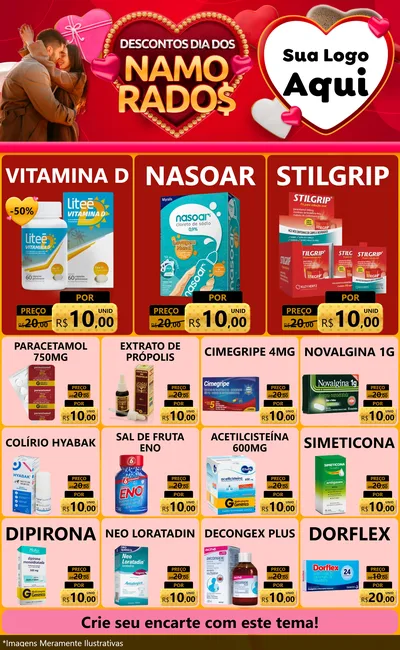 Modelo de Encarte para Encarte Grande com o tema Descontos Dia dos Namorados para Farmácia