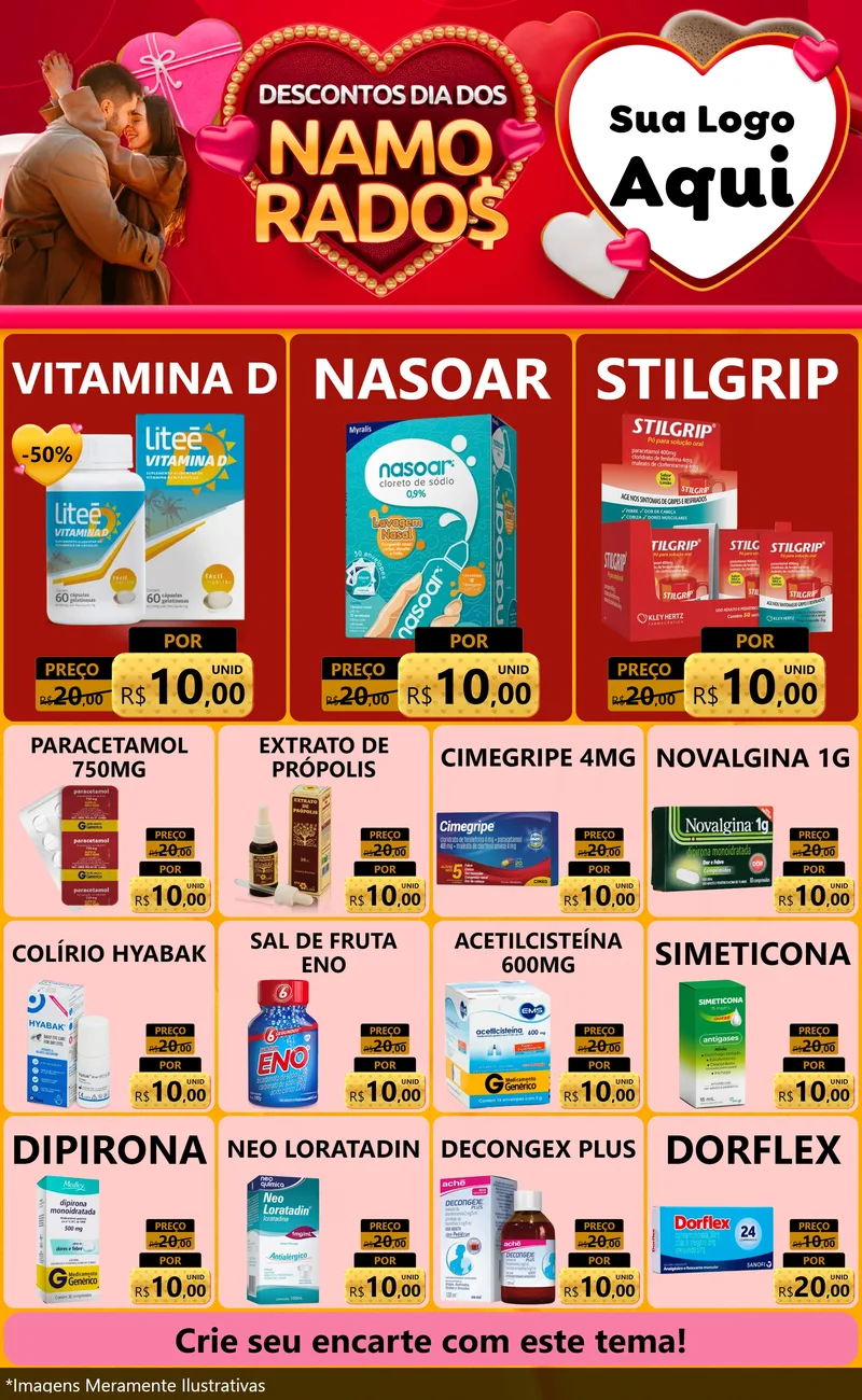 Modelo de Encarte para Encarte Grande com o tema Descontos Dia dos Namorados para Farmácia