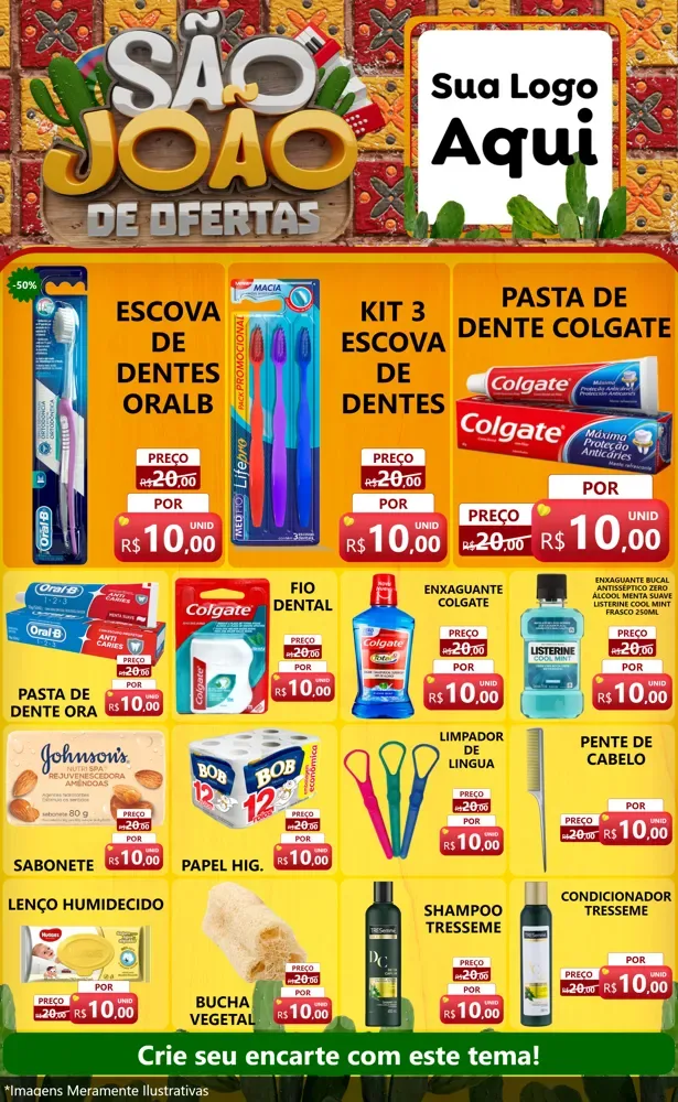 Modelo de Encarte para Encarte Grande com o tema São João de Muitas Ofertas - Junina para Higiene Pessoal