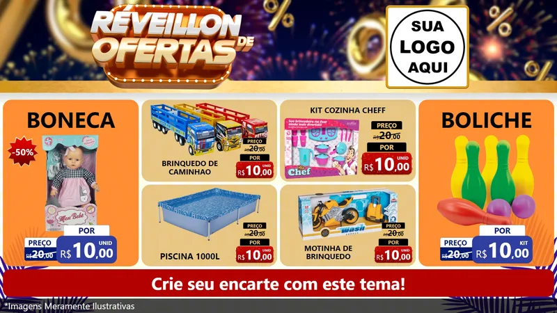 Modelo de TV para TV Horizontal com o tema Réveillon de Ofertas para Brinquedos