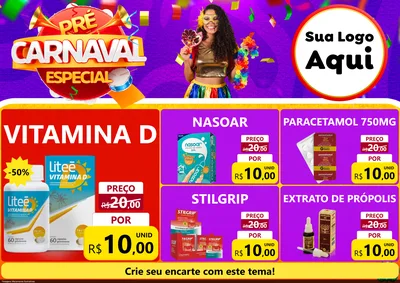 Modelo de Encarte para Encarte A4 Horizontal com o tema Pré-Carnaval Especial para Farmácia