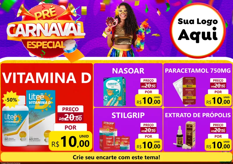 Modelo de Encarte para Encarte A4 Horizontal com o tema Pré-Carnaval Especial para Farmácia