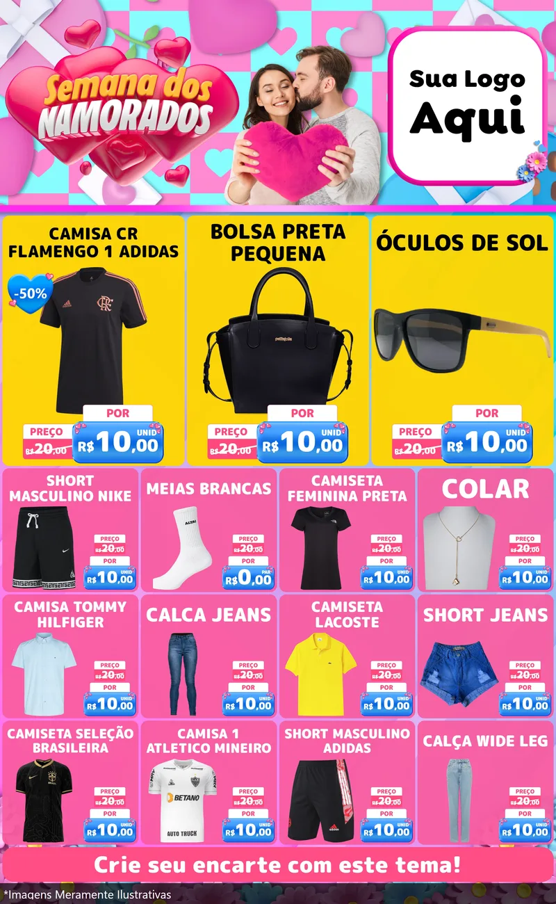 Modelo de Encarte para Encarte Grande com o tema Semana dos Namorados para Roupas e acessórios