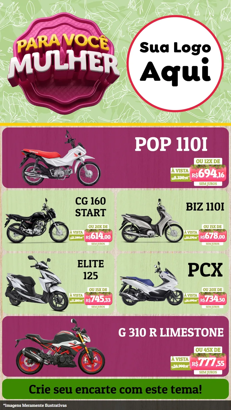 Modelo de TV para TV Vertical com o tema Para Você Mulher para Concessionaria de Motos