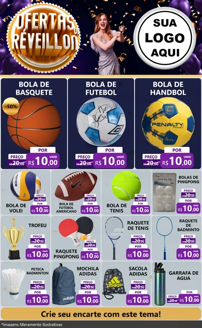 Modelo de Encarte para Encarte Grande com o tema Ofertas de Réveillon para Artigos Esportivos