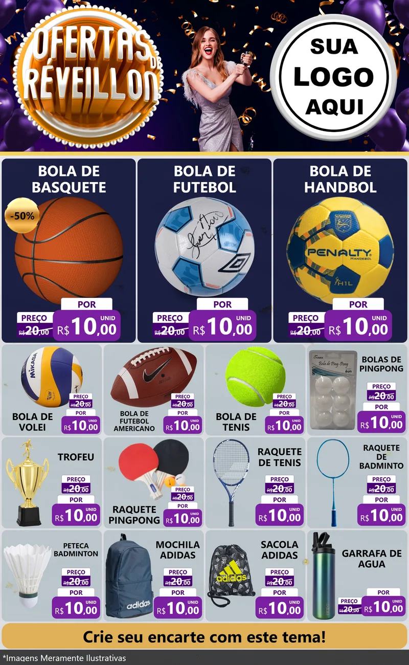 Modelo de Encarte para Encarte Grande com o tema Ofertas de Réveillon para Artigos Esportivos