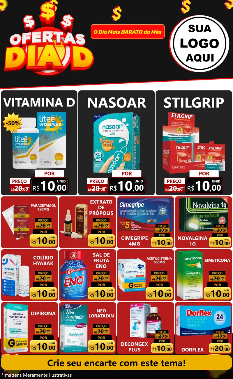 Modelo de Encarte para Encarte Grande com o tema Ofertas Dia D para Farmácia