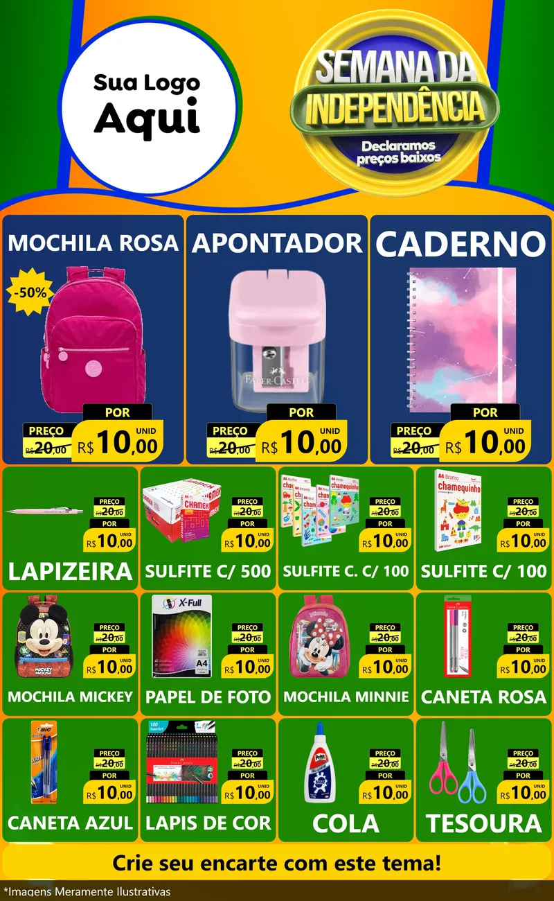 Modelo de Encarte para Encarte Grande com o tema Semana da Independência Declaramos Preços Baixos para Papelaria