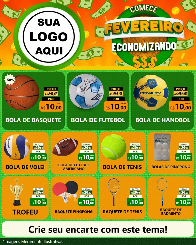 Modelo de Rede Social para Feed Instagram com o tema Comece Fevereiro Economizando para Artigos Esportivos