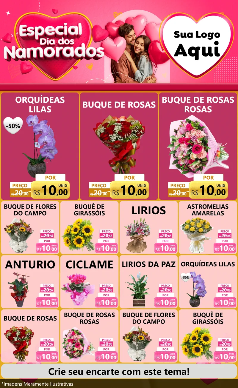 Modelo de Encarte para Encarte Grande com o tema Especial Dia dos Namorados para Floricultura e jardim