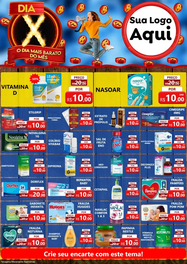 Modelo de Encarte para Encarte A4 Vertical com o tema Dia X - O Dia Mais Barato Do Mês para Farmácia