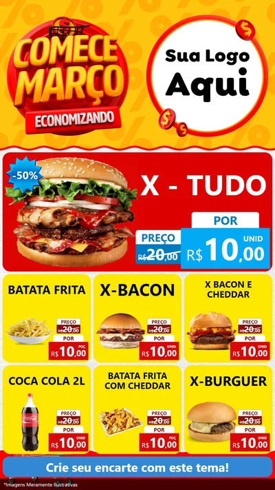 Modelo de Rede Social para Stories com o tema Comece Março Economizando para Hamburgueria