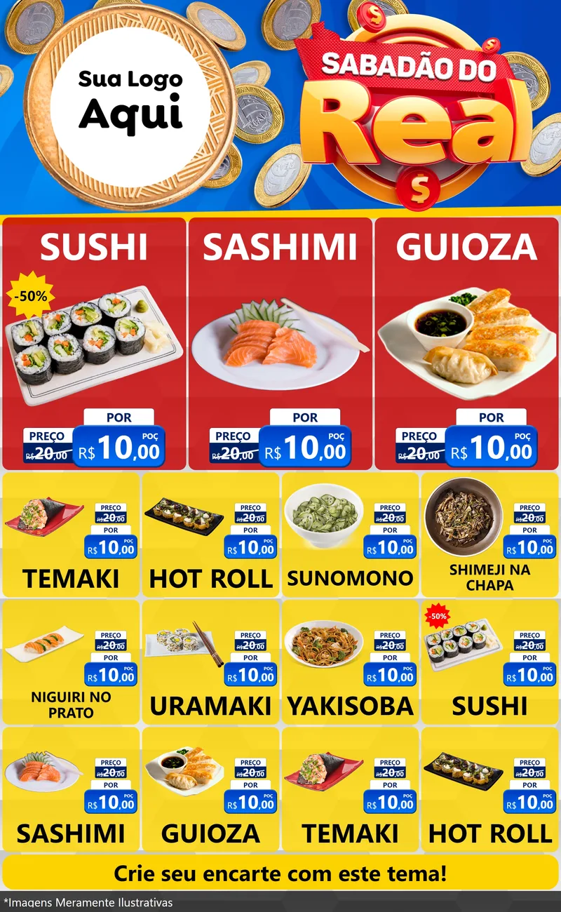 Modelo de Encarte para Encarte Grande com o tema Sabadão do Real para Comida japonesa