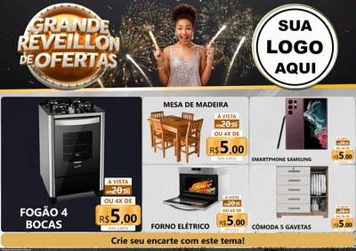 Modelo de Encarte para Encarte A4 Horizontal com o tema Grande Réveillon de Ofertas para Móveis e Eletro